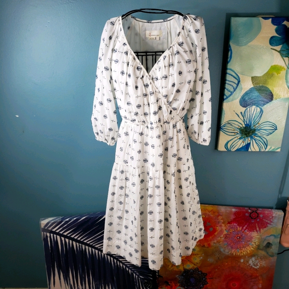 Anthropologie White Blue Textured Dress size SM